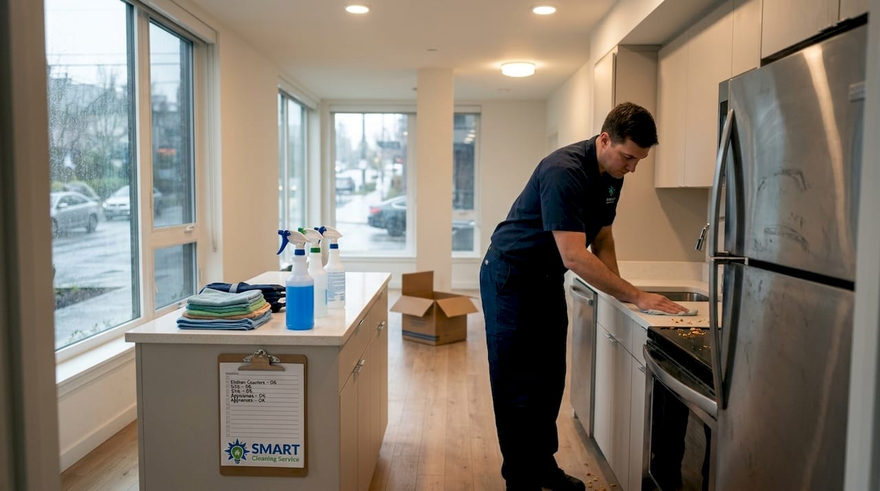 Cleaner working in vacant Seattle apartment
