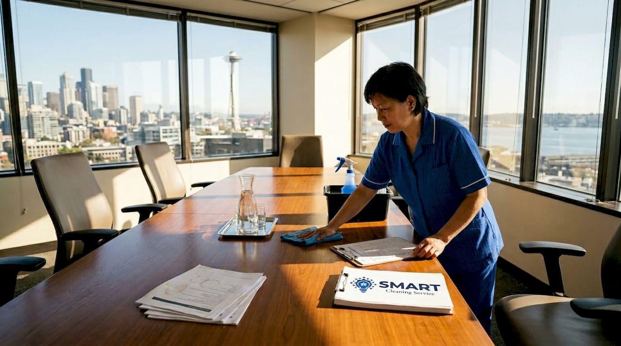 Janitorial staff cleaning office workspace