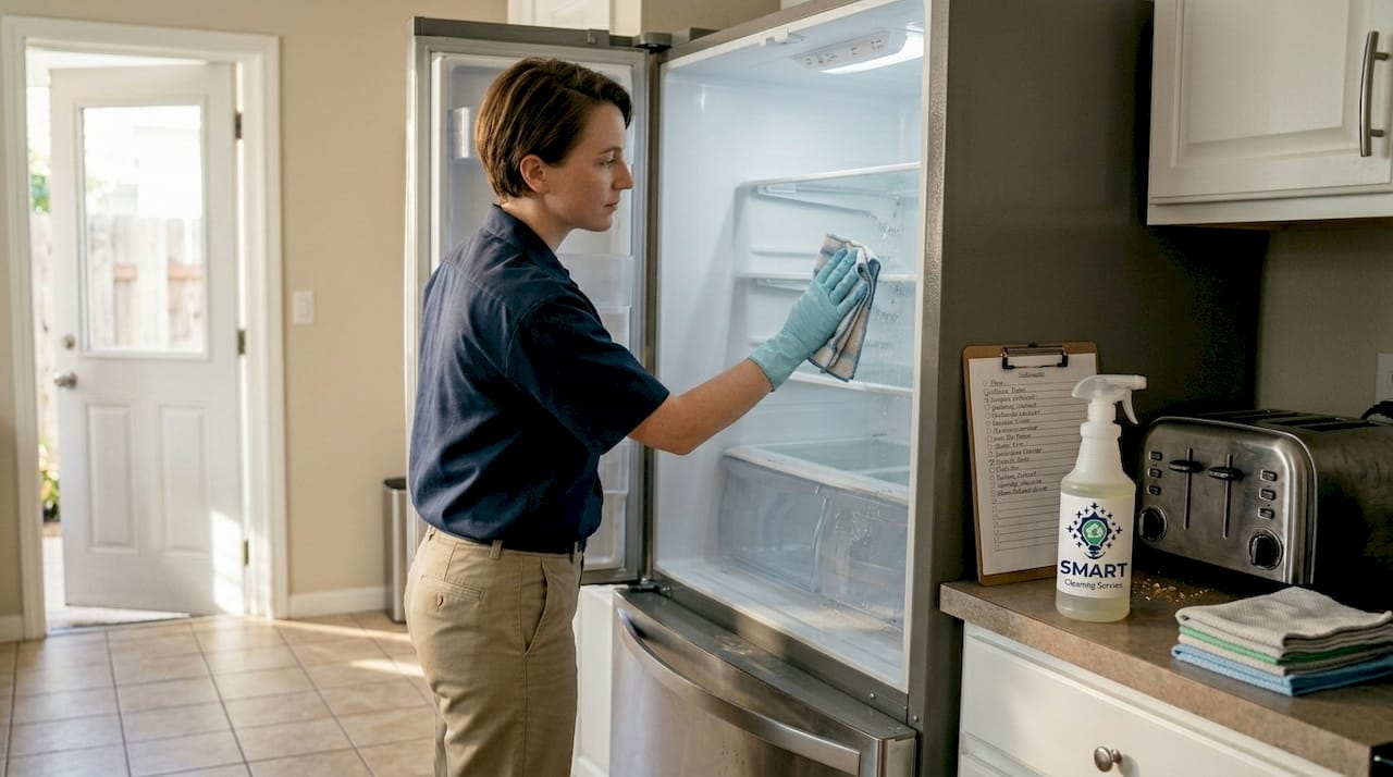 Professional cleaner uses checklist in kitchen