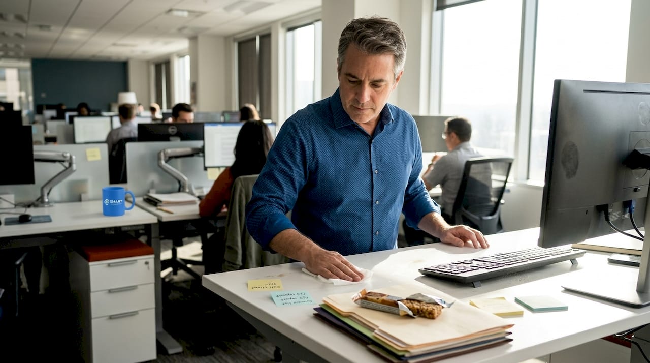 Employee cleaning cluttered desk in workspace
