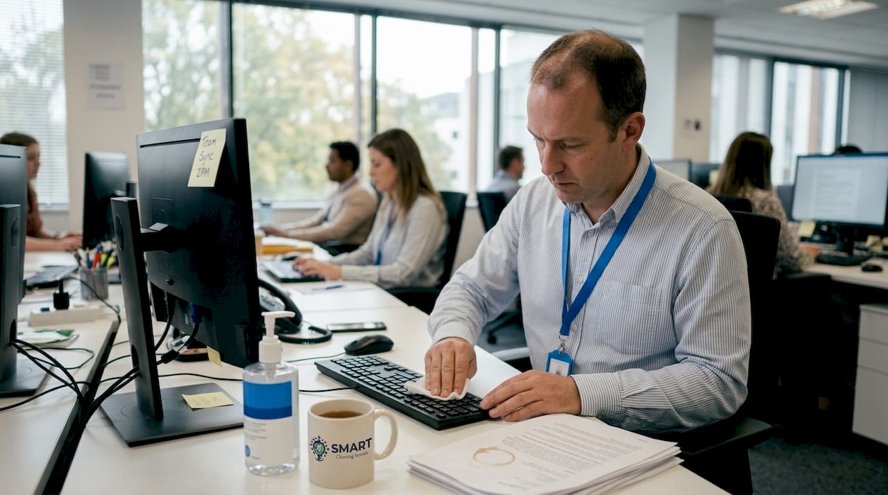 Worker cleaning keyboard in shared office