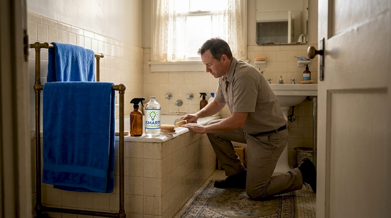Man deep cleaning bathtub in small bathroom