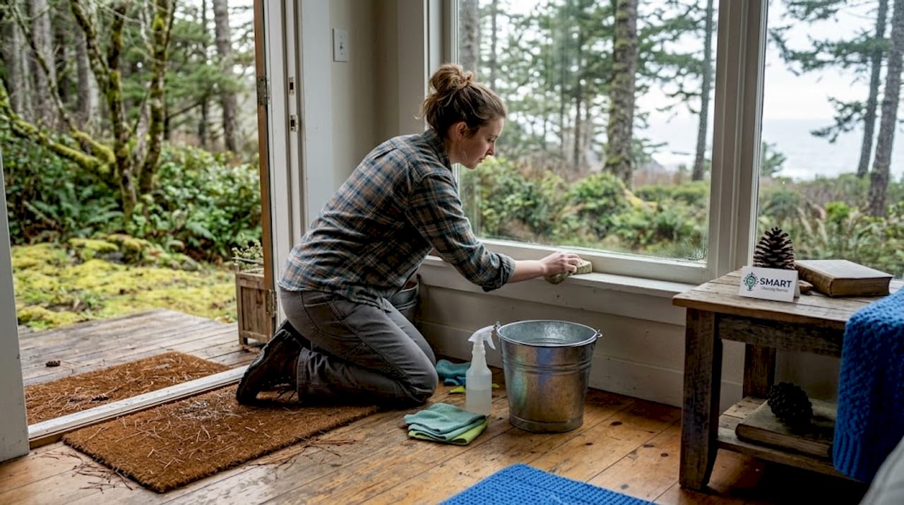 Deep cleaning window in Seattle home