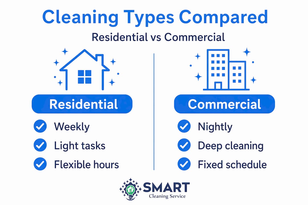 Infographic contrasting residential and commercial cleaning types