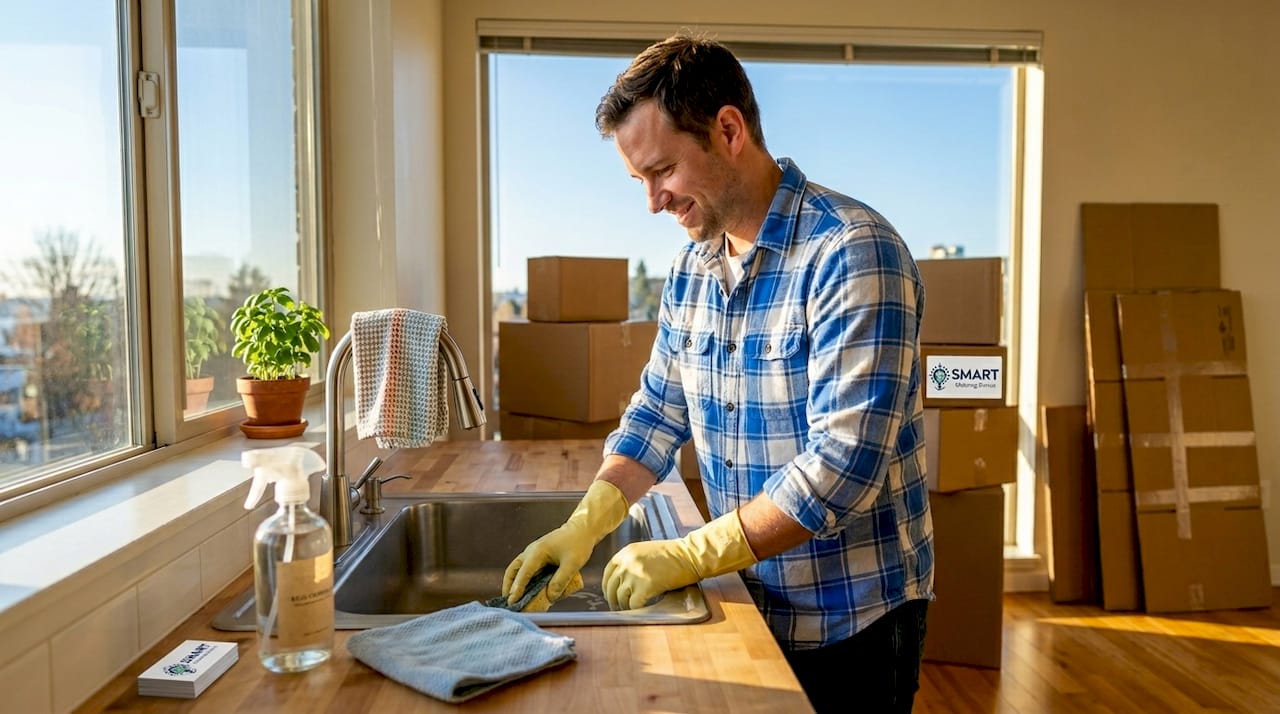 Man cleaning bathroom before move out
