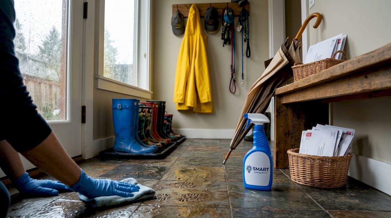 Hands cleaning muddy Seattle mudroom entryway