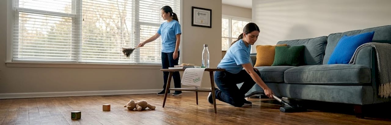 Cleaning team in living room working efficiently