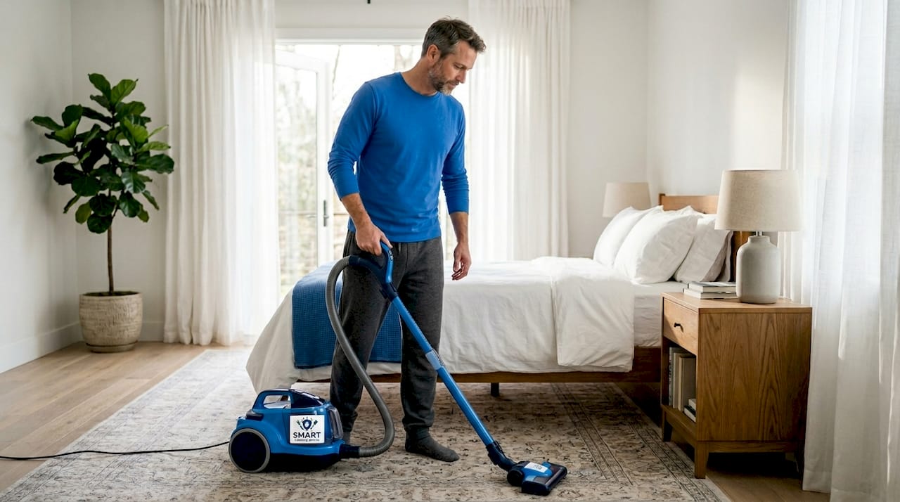 Man vacuuming bedroom rug with HEPA vacuum