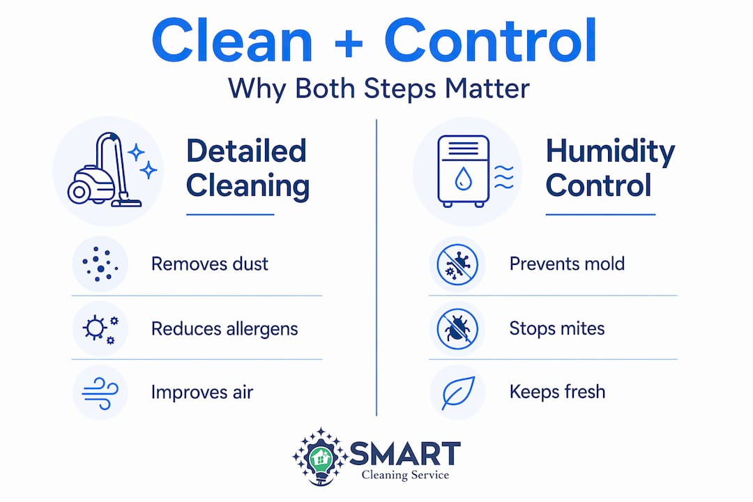 Infographic comparing cleaning and humidity strategies