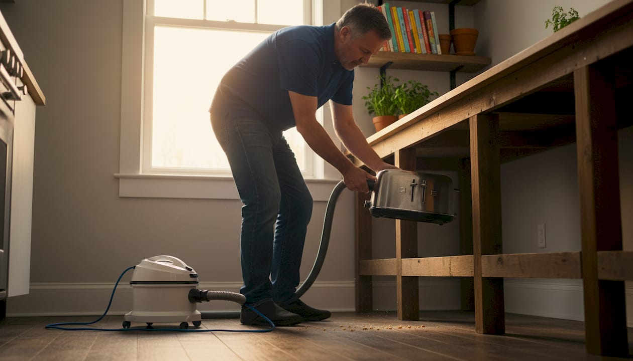 Man vacuuming crumbs behind kitchen appliance