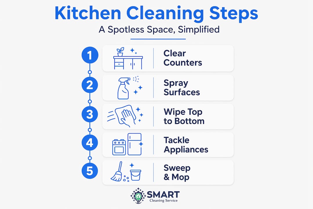 Infographic showing five steps for cleaning kitchen