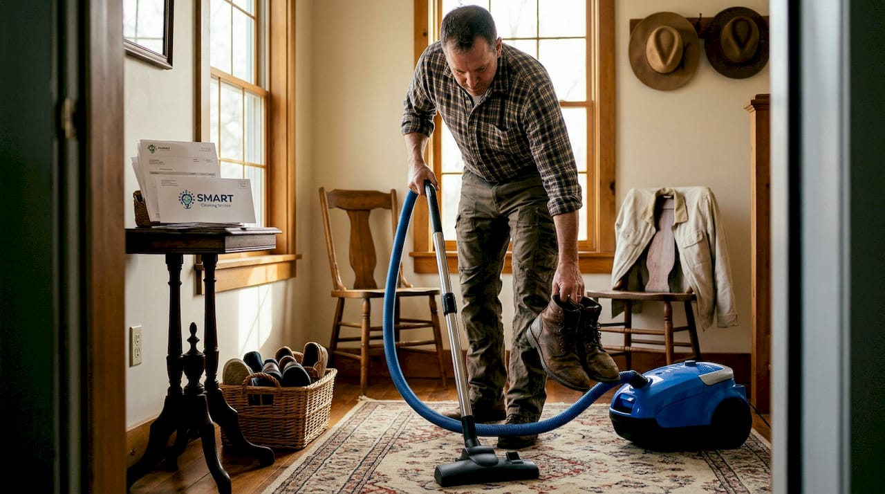 Man cleaning entryway and vacuuming rug
