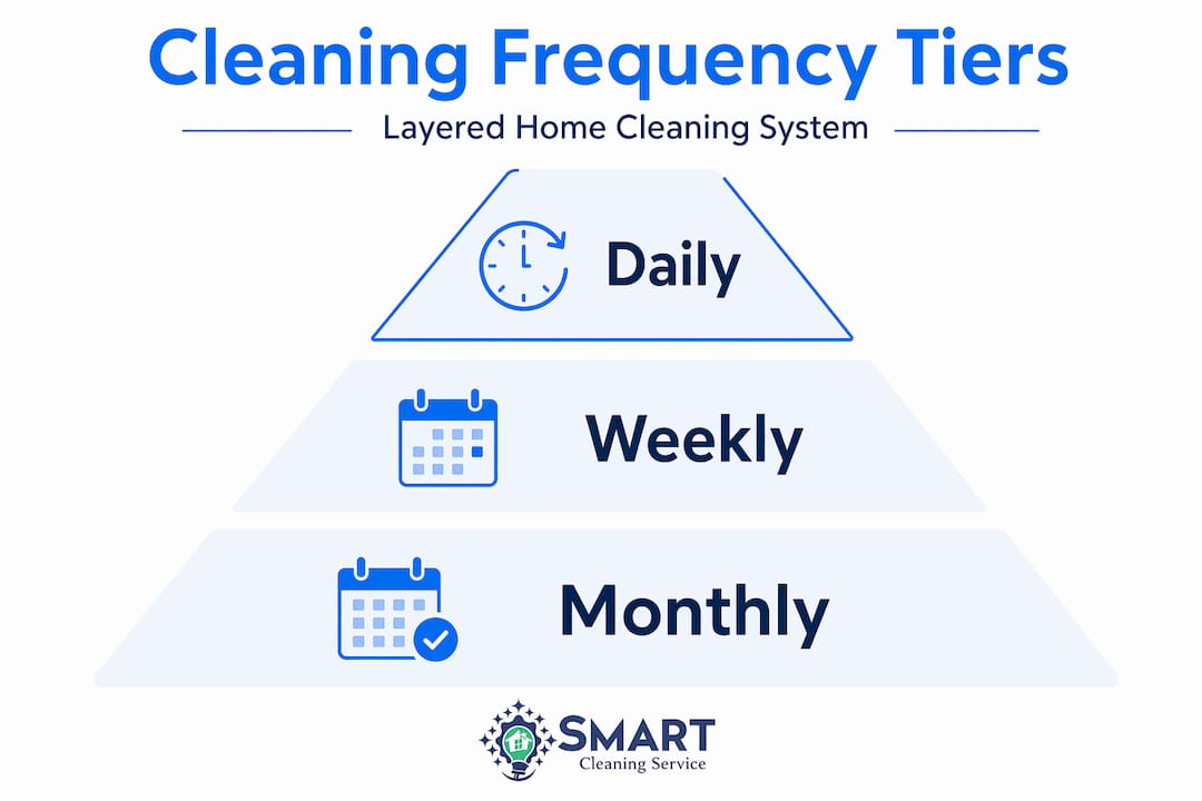 Hierarchy infographic of daily, weekly, monthly cleaning