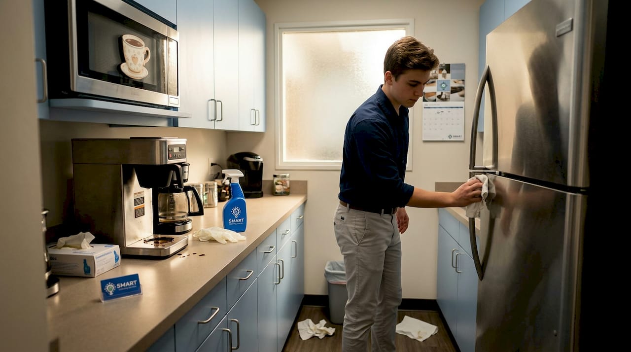 Office worker cleaning breakroom refrigerator handle