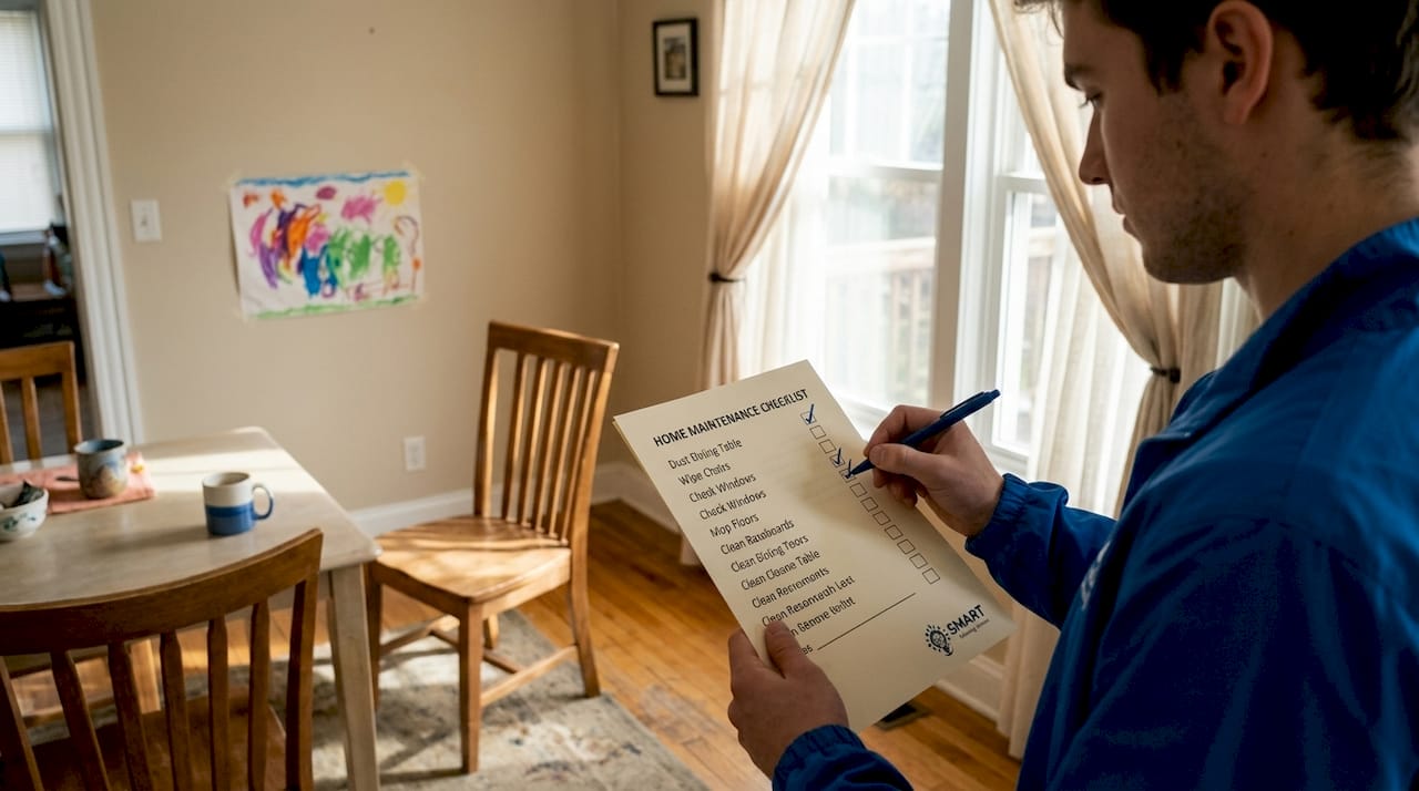 Person walking through living room with checklist