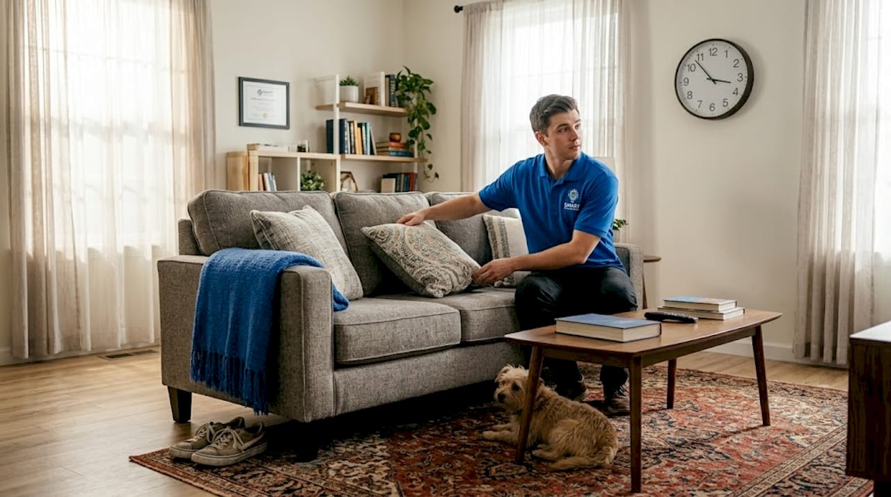 Person refreshing living room by tidying cushions