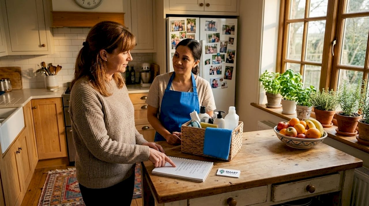 Homeowner discussing cleaning priorities with maid