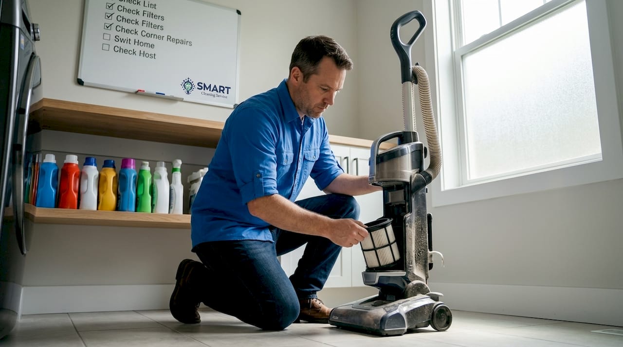 Man maintaining vacuum filter in home utility room