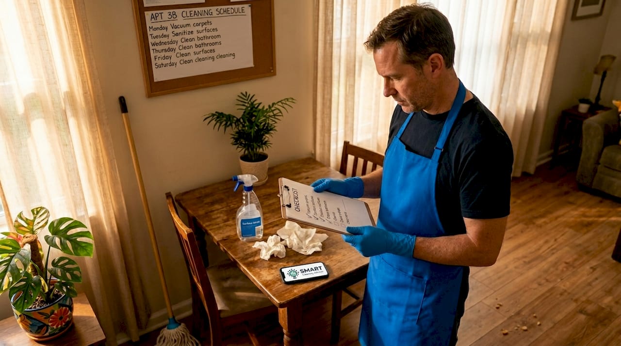 Cleaner verifying Airbnb kitchen turnover checklist