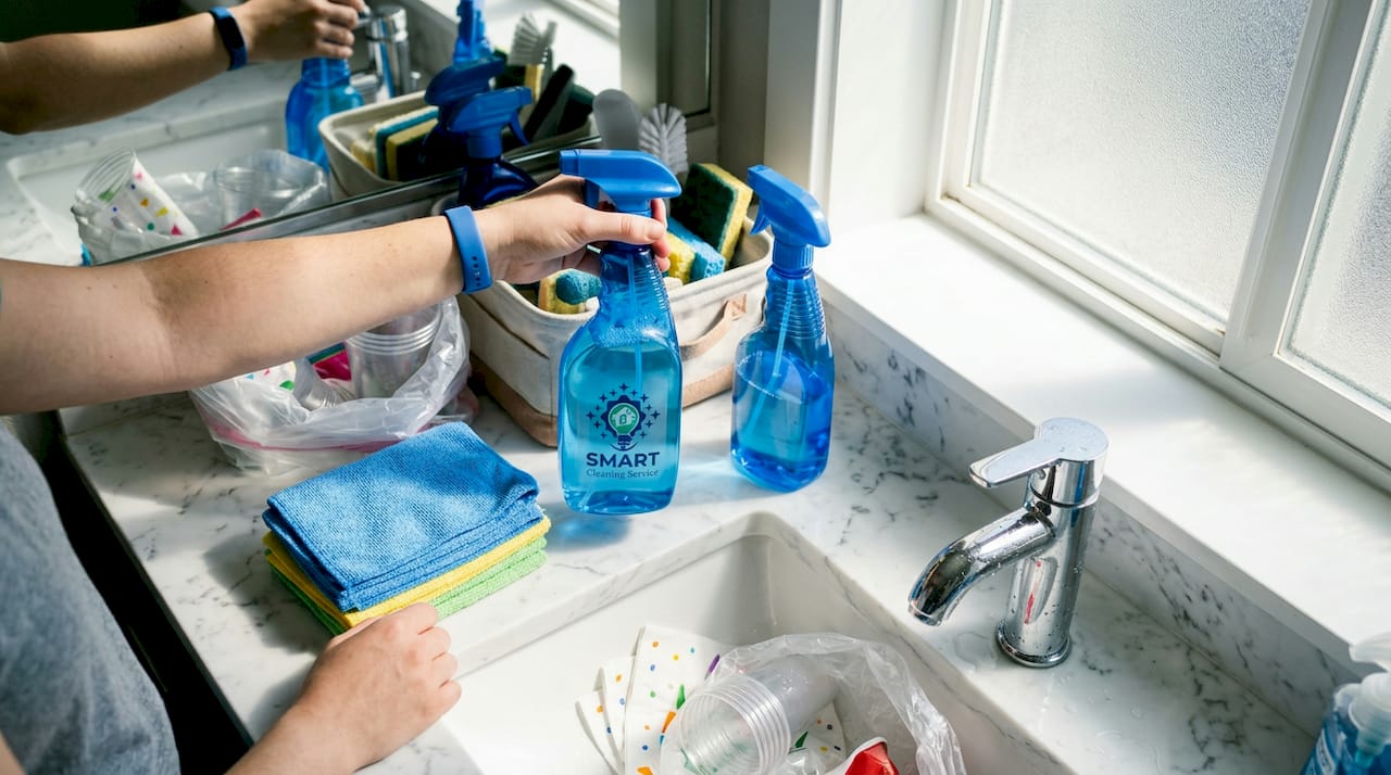 Hands organizing cleaning supplies and trash bags