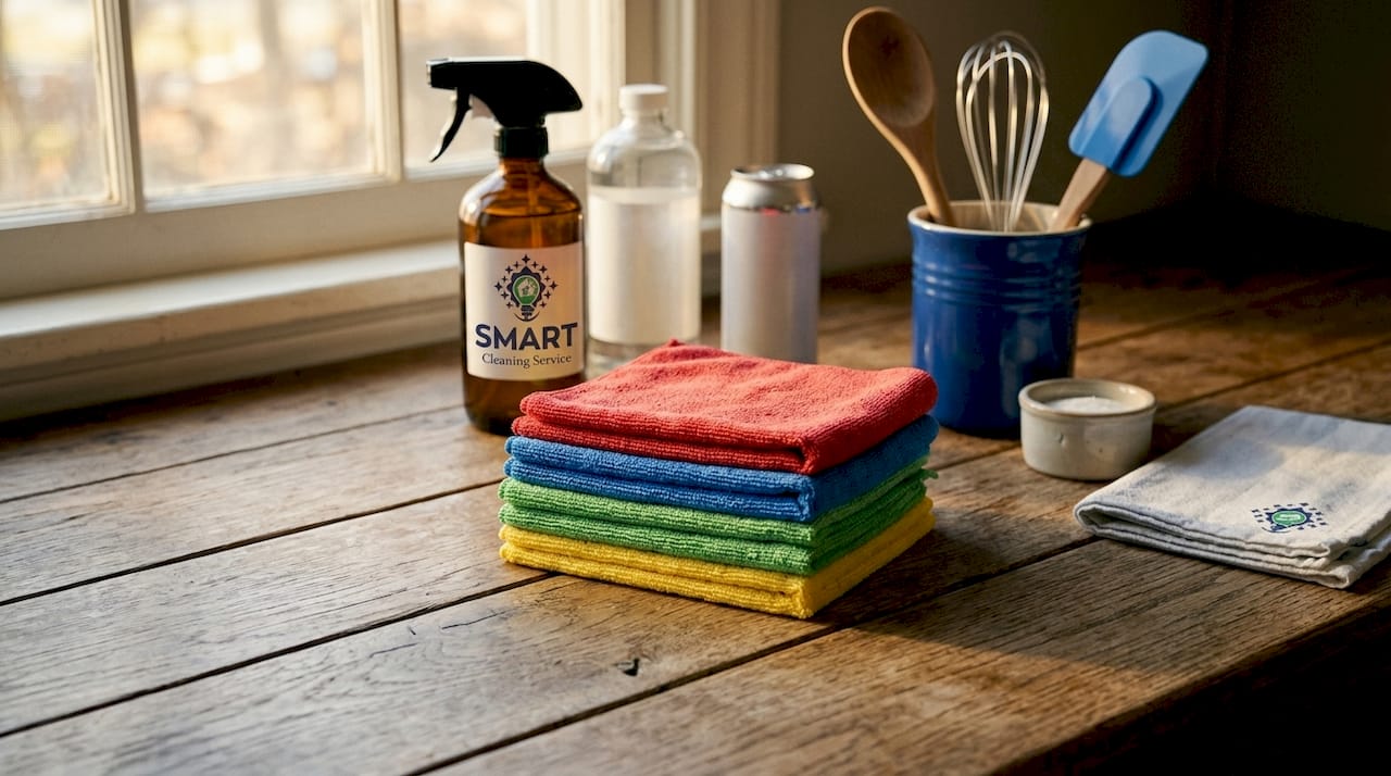 Color-coded cleaning cloths on bathroom shelf