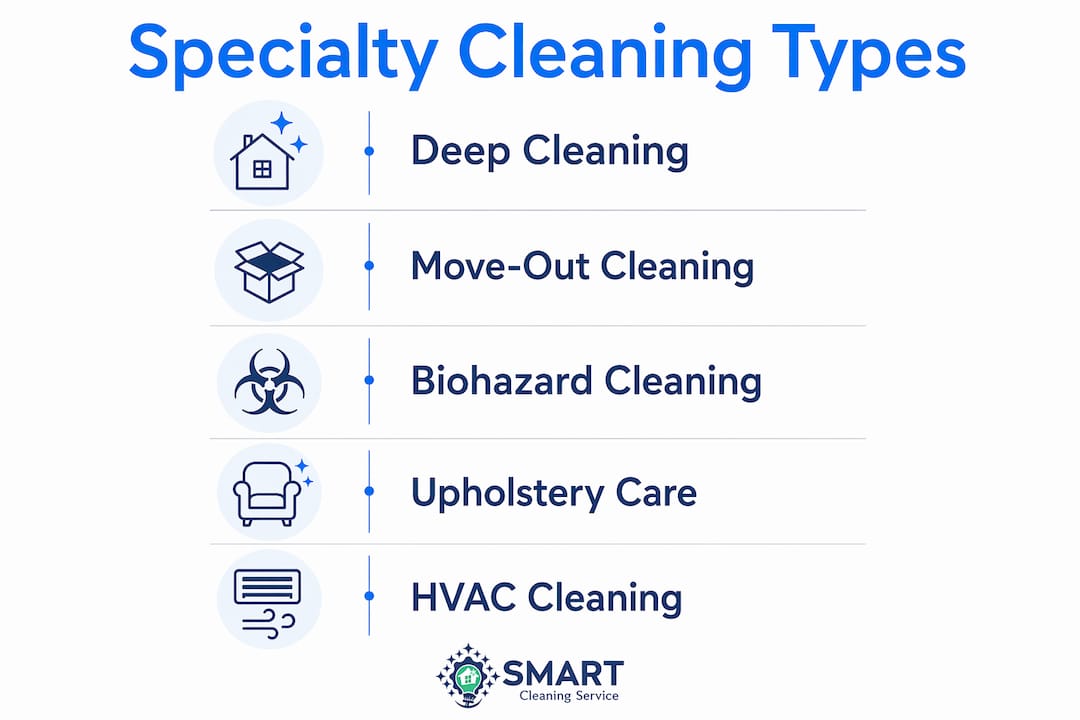 Infographic showing main specialty cleaning service types in vertical flow