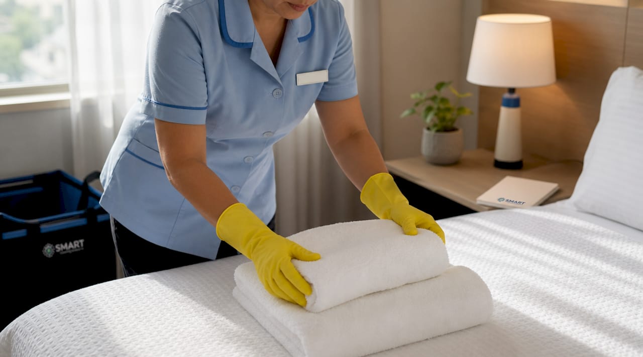 Housekeeper placing fresh towels in guest room