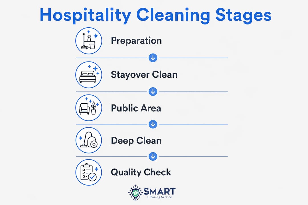 Infographic illustrating stages of hospitality cleaning process