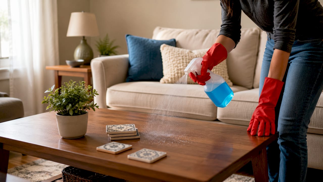 Hand spraying disinfectant on kitchen counter