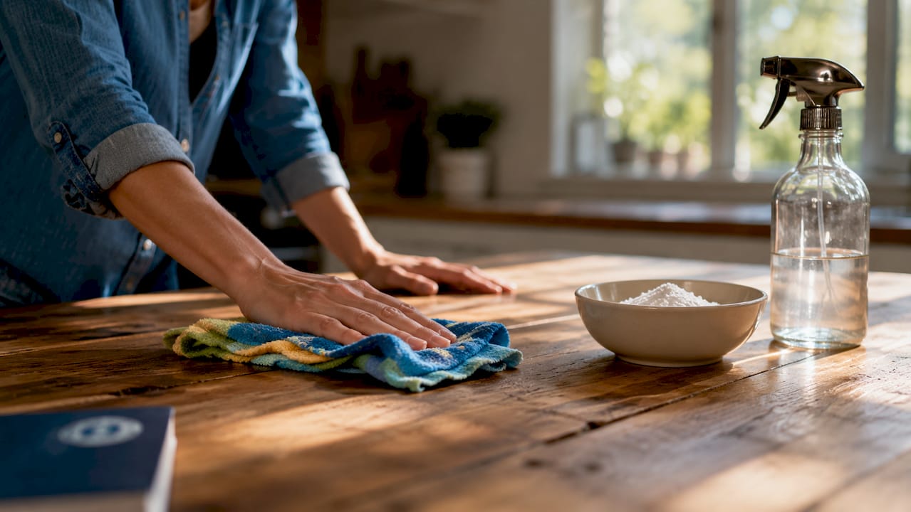 Hands cleaning wooden table with microfiber cloth