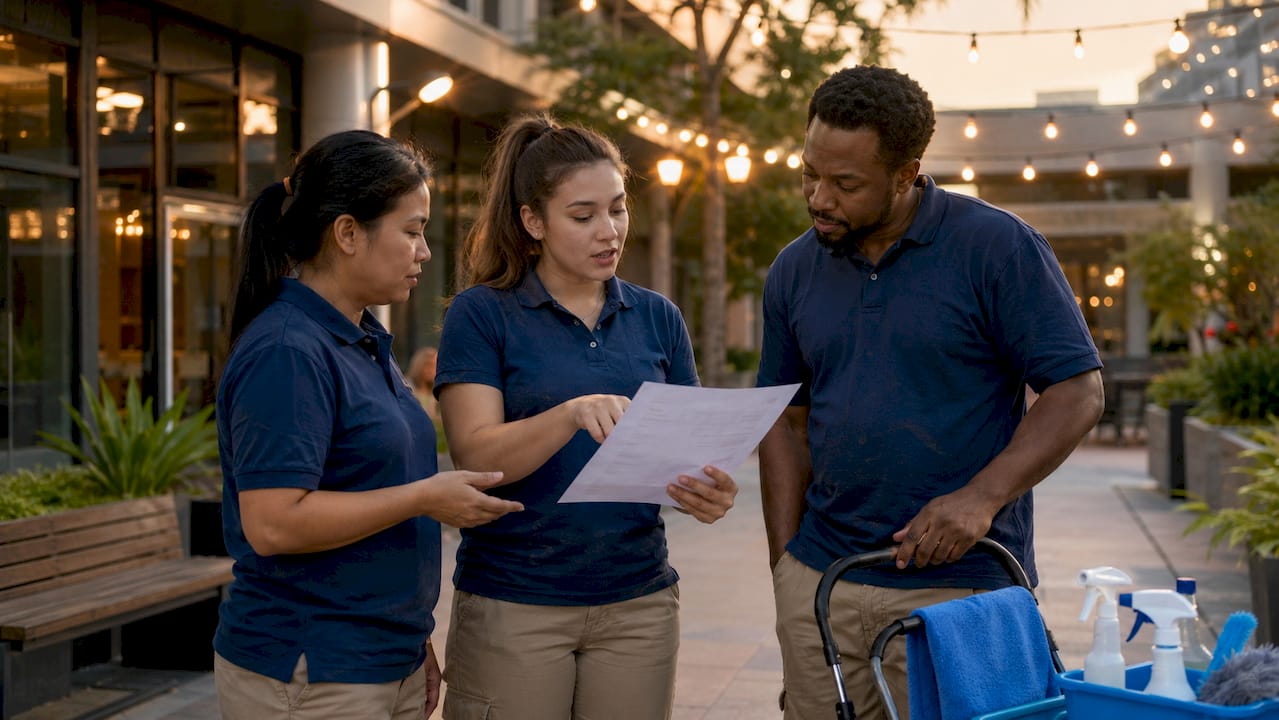 Cleaning team discussing schedules with phone and papers