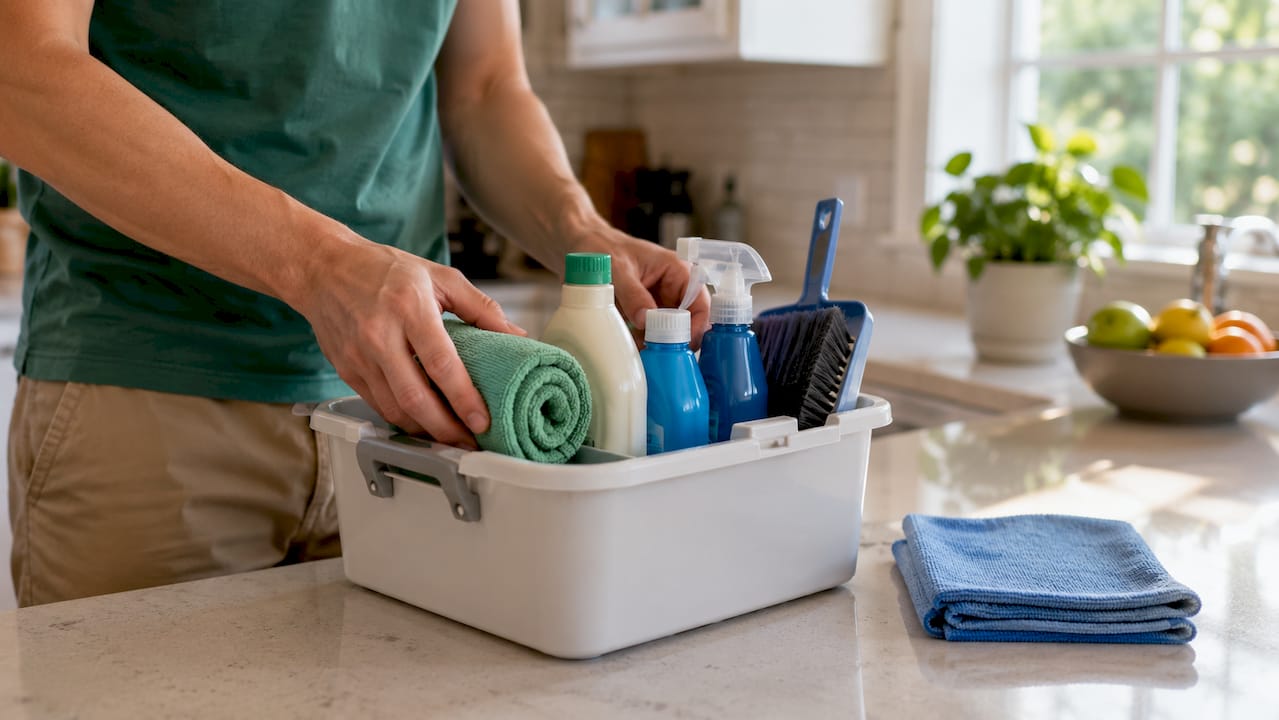 Hands packing cleaning caddy in laundry room