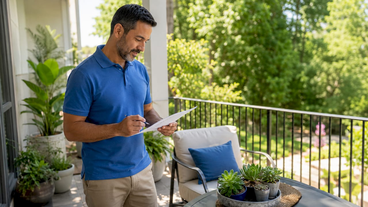 Host inspecting rental cleaning checklist in kitchen