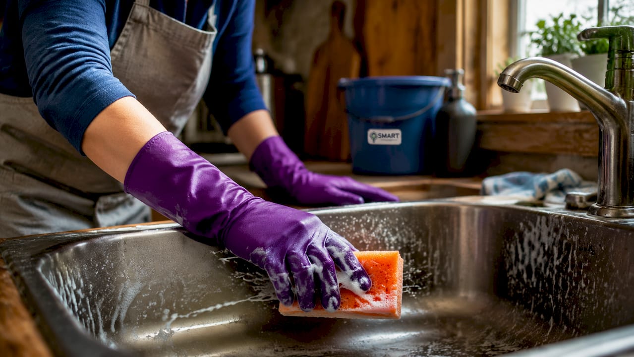 Hands scrubbing sink with detergent sponge