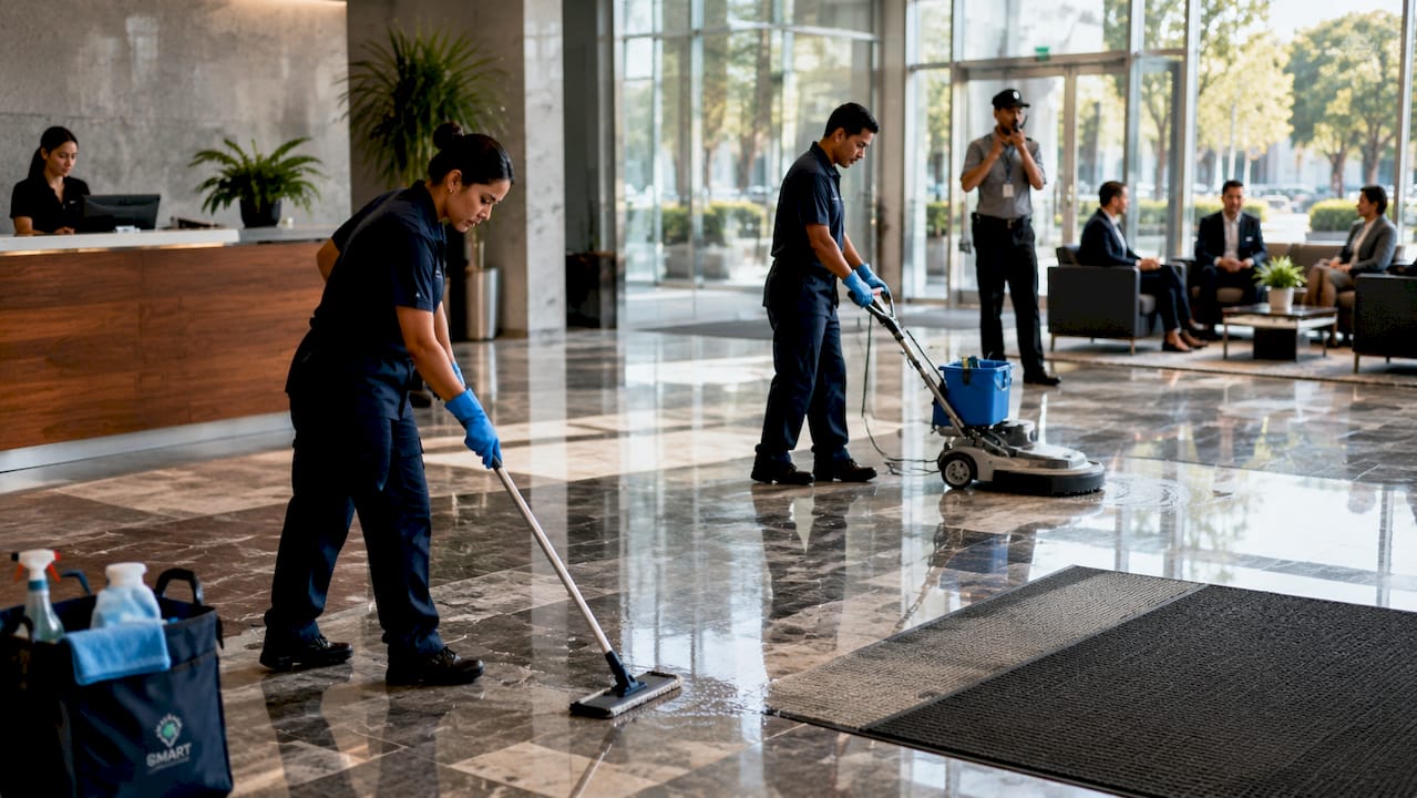 Janitors cleaning commercial building lobby