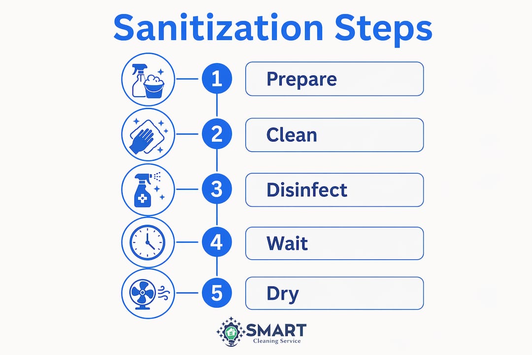 Infographic illustrating five office sanitization steps