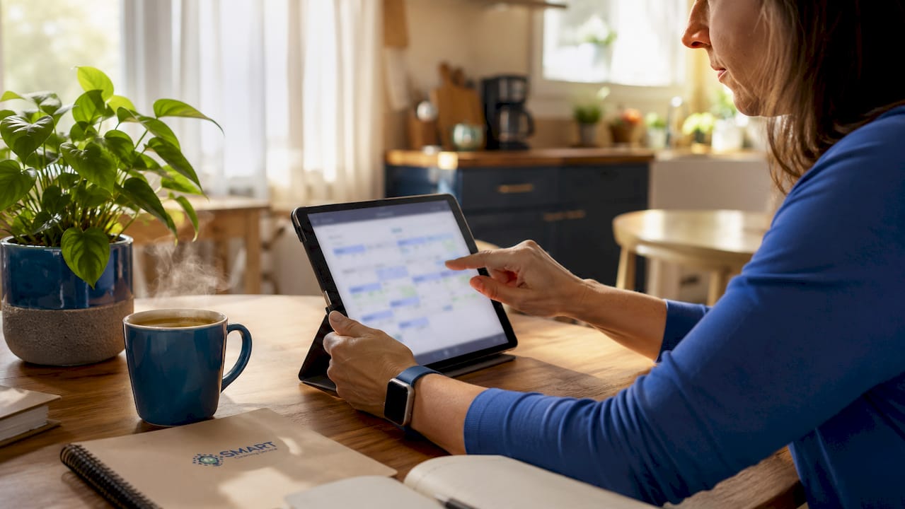 Hands interacting with cleaning scheduling software on tablet