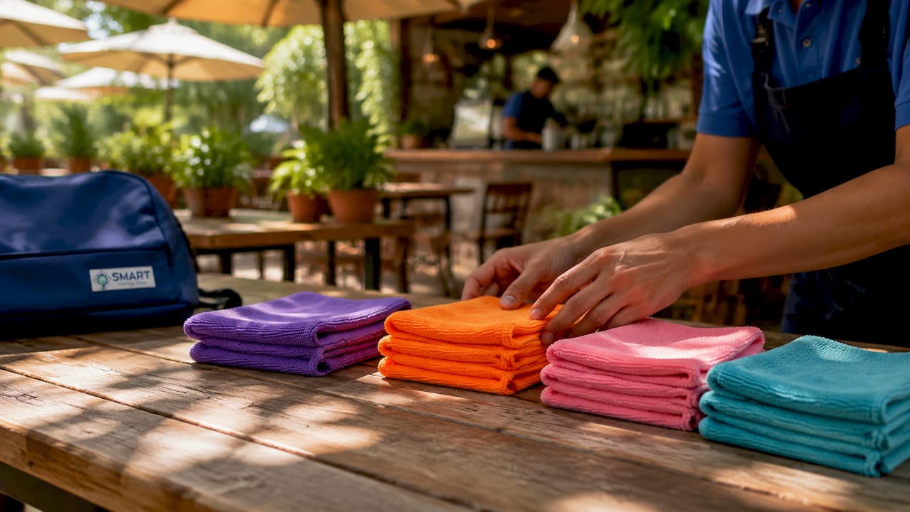 Hands sorting colorful microfiber cleaning cloths