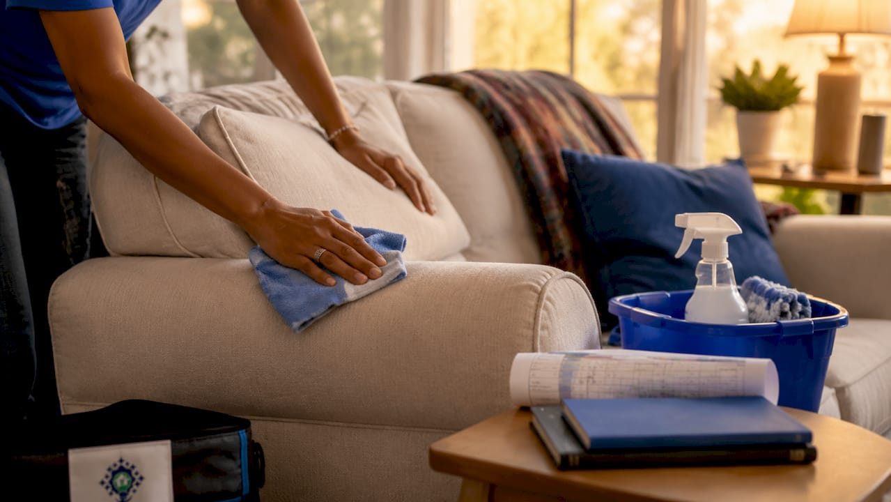 Hands cleaning living room table with tools nearby