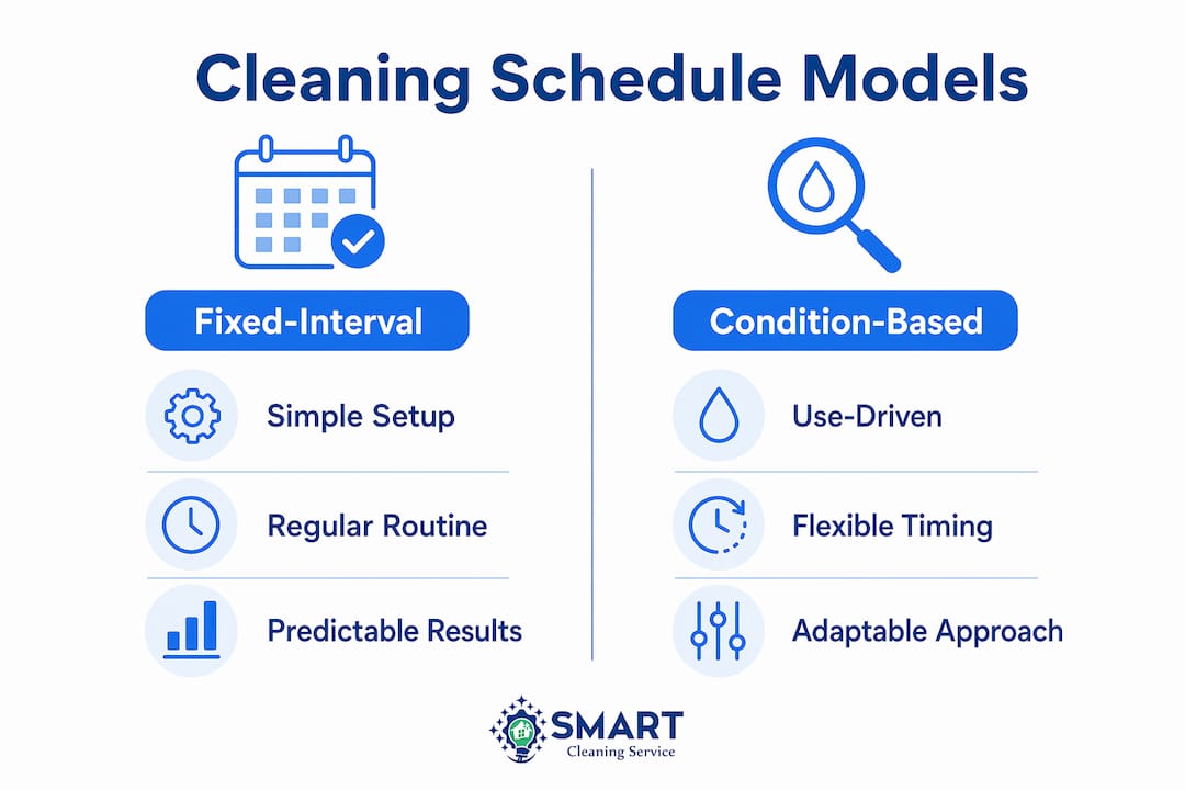 Infographic comparing fixed-interval and condition-based cleaning models