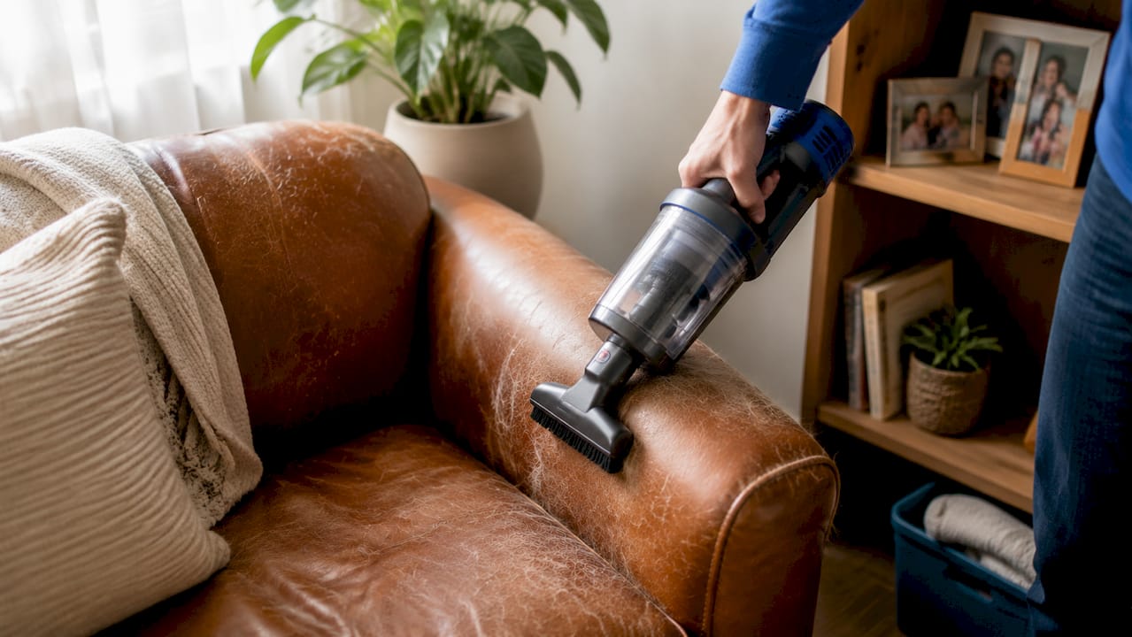 Hands vacuuming pet hair from sofa upholstery