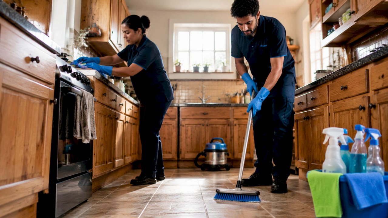 Professionals cleaning modern kitchen
