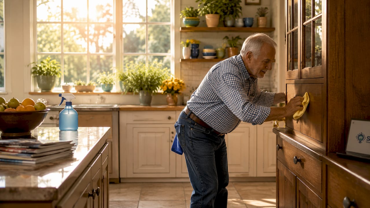Elderly man dusting bookshelf before wet cleaning