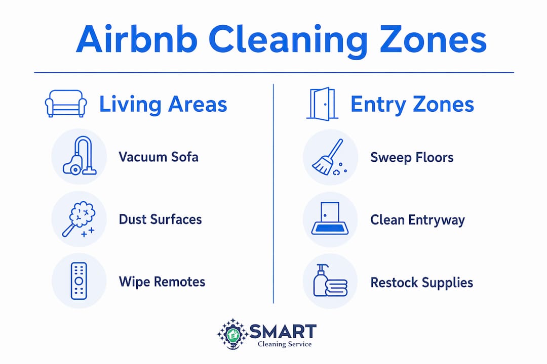 Infographic showing Airbnb cleaning tasks by zone