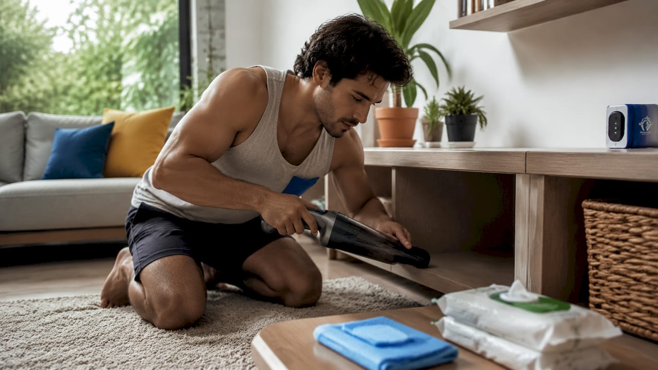 Man dusting kitchen shelves during spring cleaning