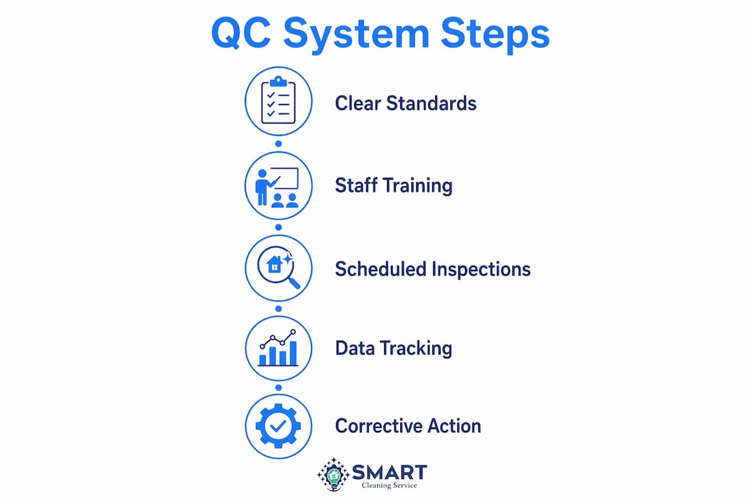 Infographic illustrating five steps of quality control system