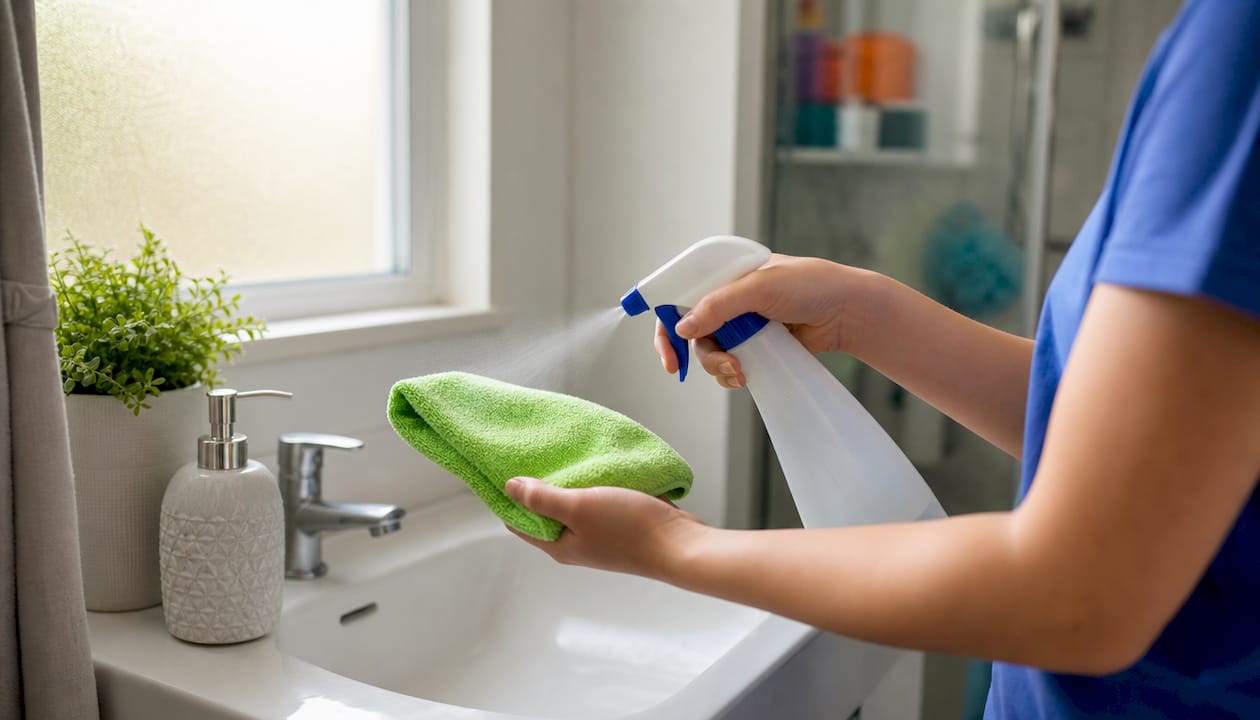 Spraying cleaner onto cloth close-up