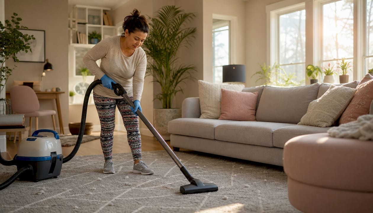 Cleaner vacuuming carpet to remove dust mites