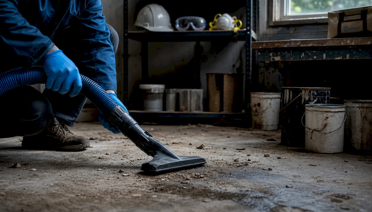 Hands holding a HEPA vacuum hose with PPE nearby