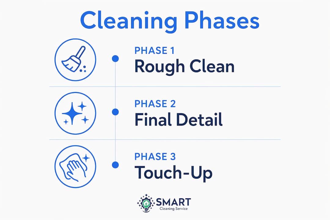 Infographic illustrating three phases of post-construction cleaning
